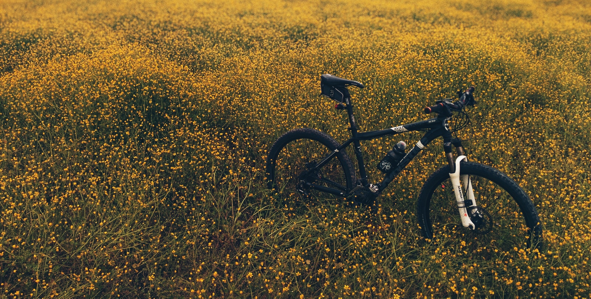 Un VTT bien équipé en sortie dans les champs. Un vélo, un smartphone sur son support et on est équipé pour une sortie dans les champs en toute sécurité.