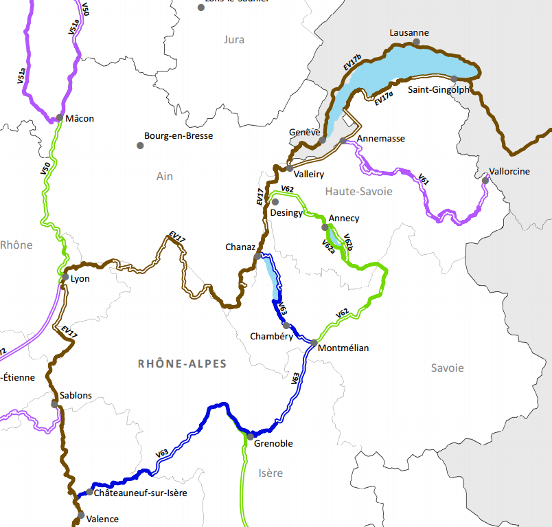 Sur cet extrait du Schéma national des Véloroutes - voies vertes de France (2015) - secteur Savoie-Dauphiné, on note que la V63 permettant de relier Aix-les-Bains (au nord de Chambéry) à la ViaRhôna/EV17 n'est pas du tout réalisée.